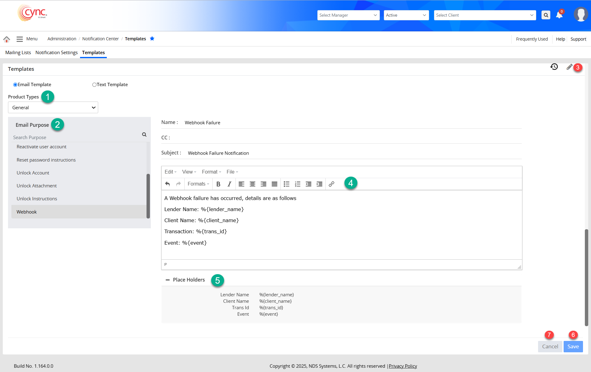 The email template section